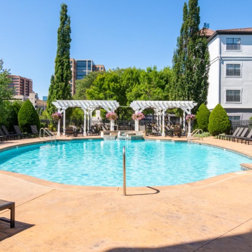 a pool in a courtyard